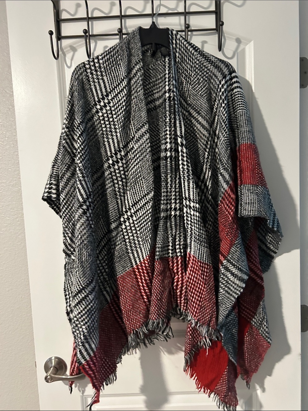 Black, White & Red Plaid Throw Wrap Poncho